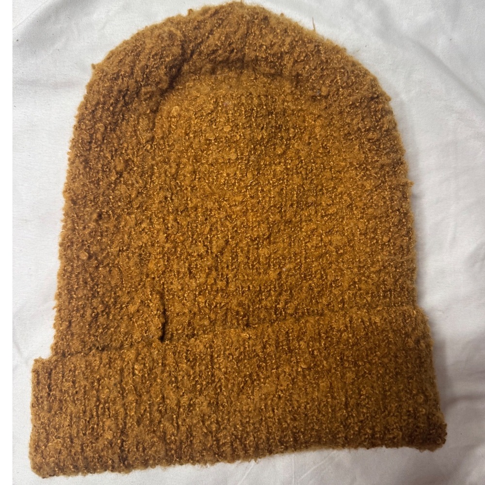 Timberland Wheat Brown Boucle Knit Cuffed Beanie Hat Logo Tab OSFA